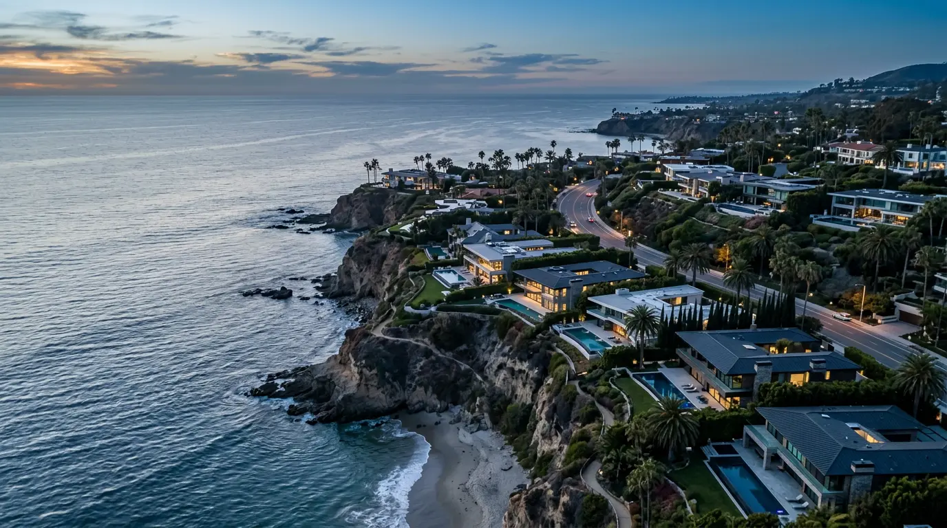 Aerial view of oceanfront estates along a coastal cliff at dusk