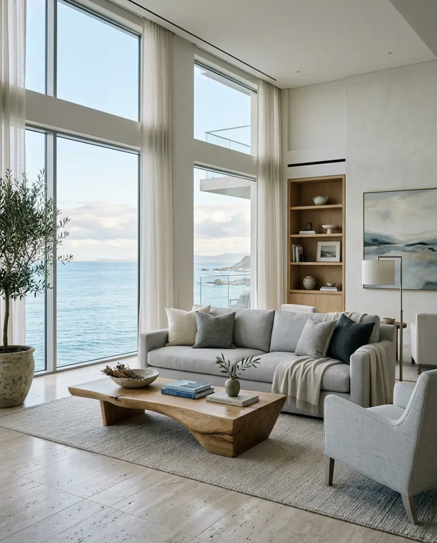 Light-filled living room with floor-to-ceiling windows facing the ocean